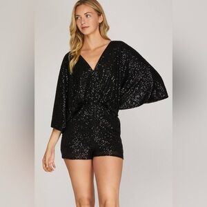 Women's Kimono Sleeve Sequin Romper Shorts - Black Sequin Romper